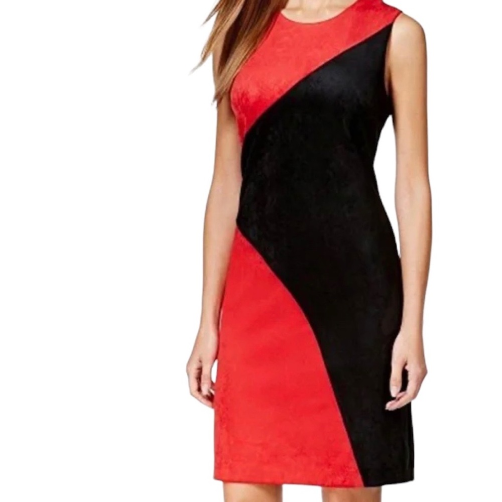 Calvin Klein NWT faux suede black red color block shift dress size 8